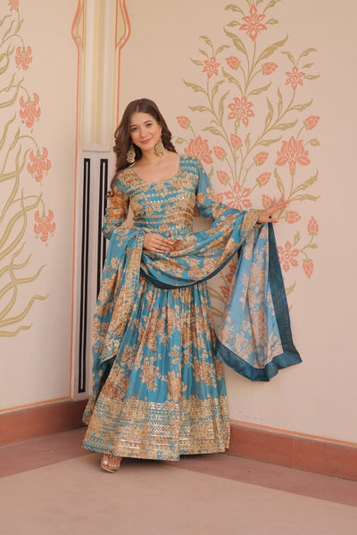 English Russian Silk Gown With Printed Dupatta