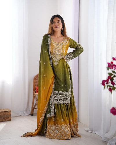 GREEN WITH YELLOW WEDDING WEAR CHINON SILK PLAZZO DRESS