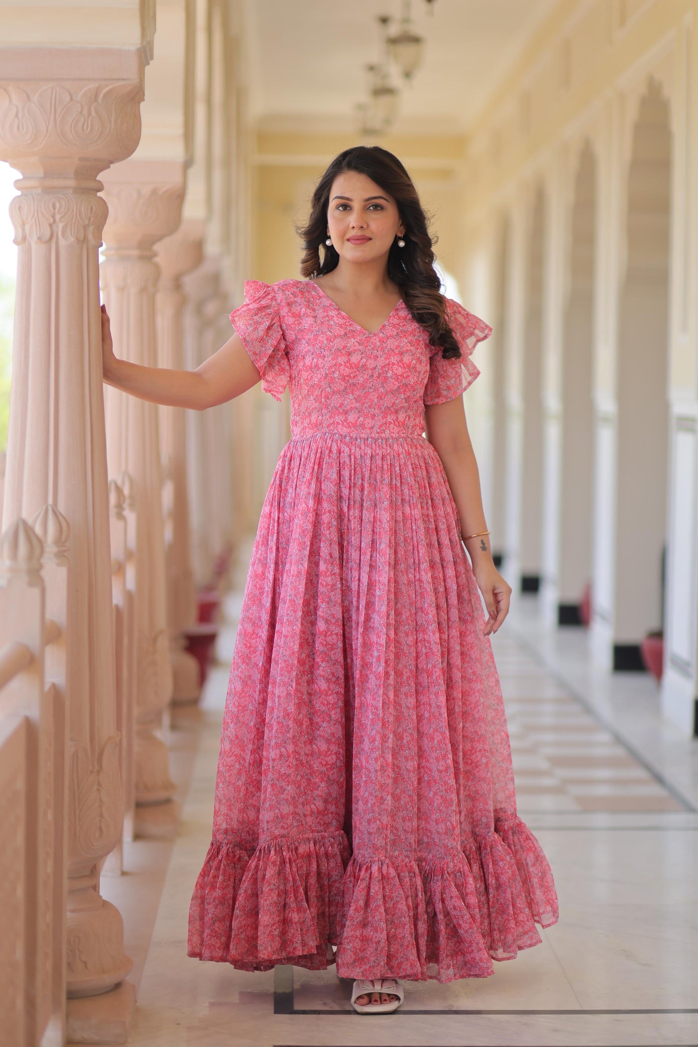 Pink Color Floral Print Flaired Gown