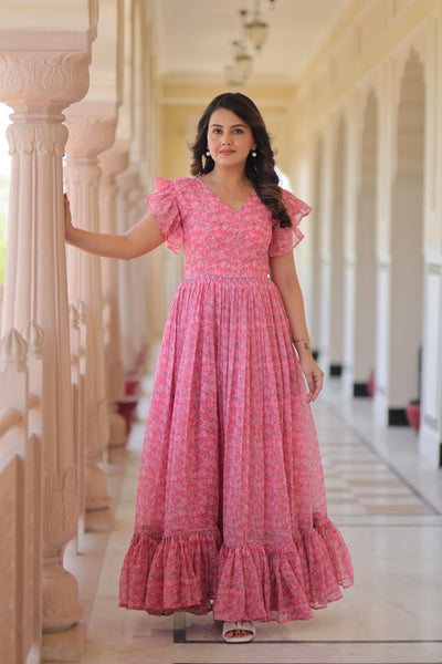 Pink Color Floral Print Flaired Gown