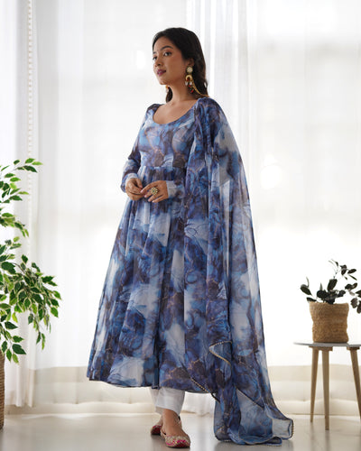 Pure Organza Silk Marble Print Anarkali Set With Dupatta And Pant