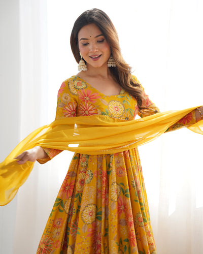 YELLOW KEDIYA ROMAN SILK PARTYWEAR DRESS