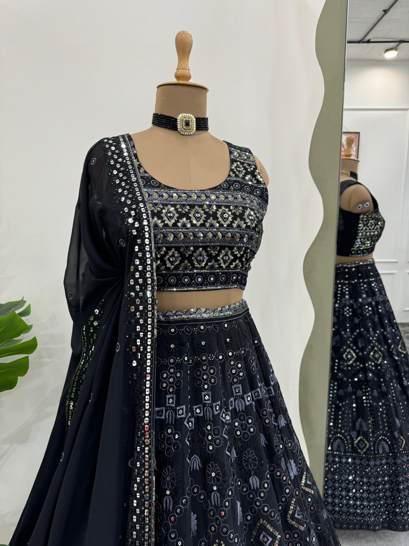Black Faux Georgette Lehenga With Heavy Blouse And Dupatta