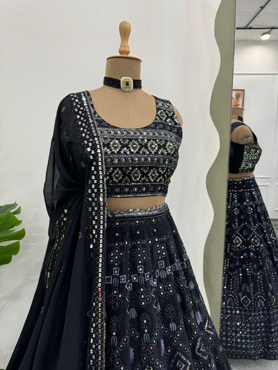 Black Faux Georgette Lehenga With Heavy Blouse And Dupatta