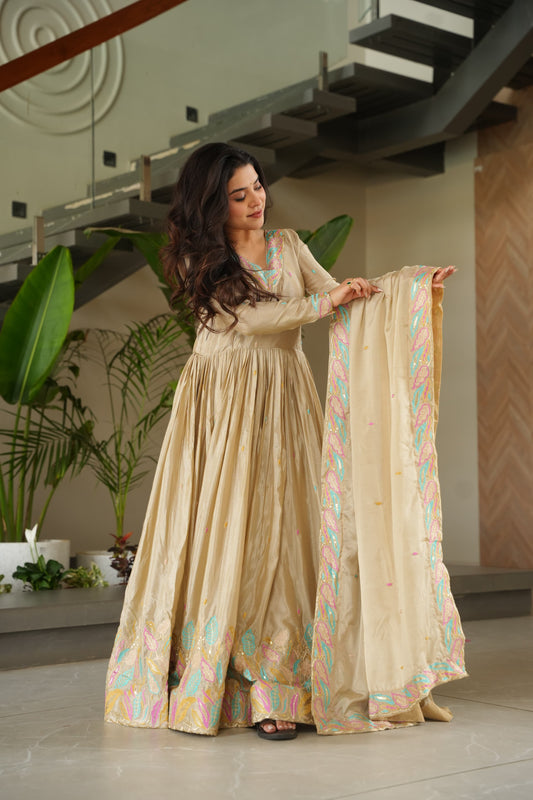 Chinnon Fabric Gown With Sequins & Multi-Thread Embroidered Dupatta