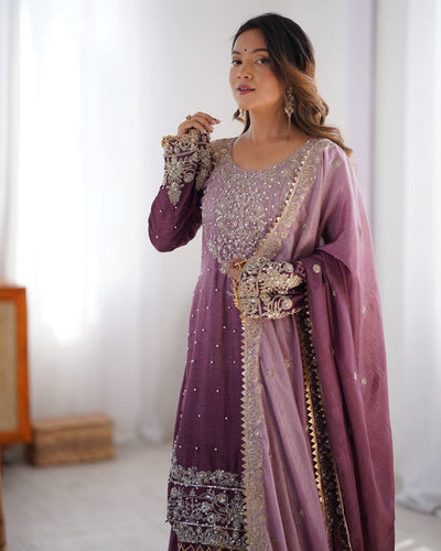 LIGHT PURPLE WEDDING WEAR CHINON SILK PLAZZO DRESS