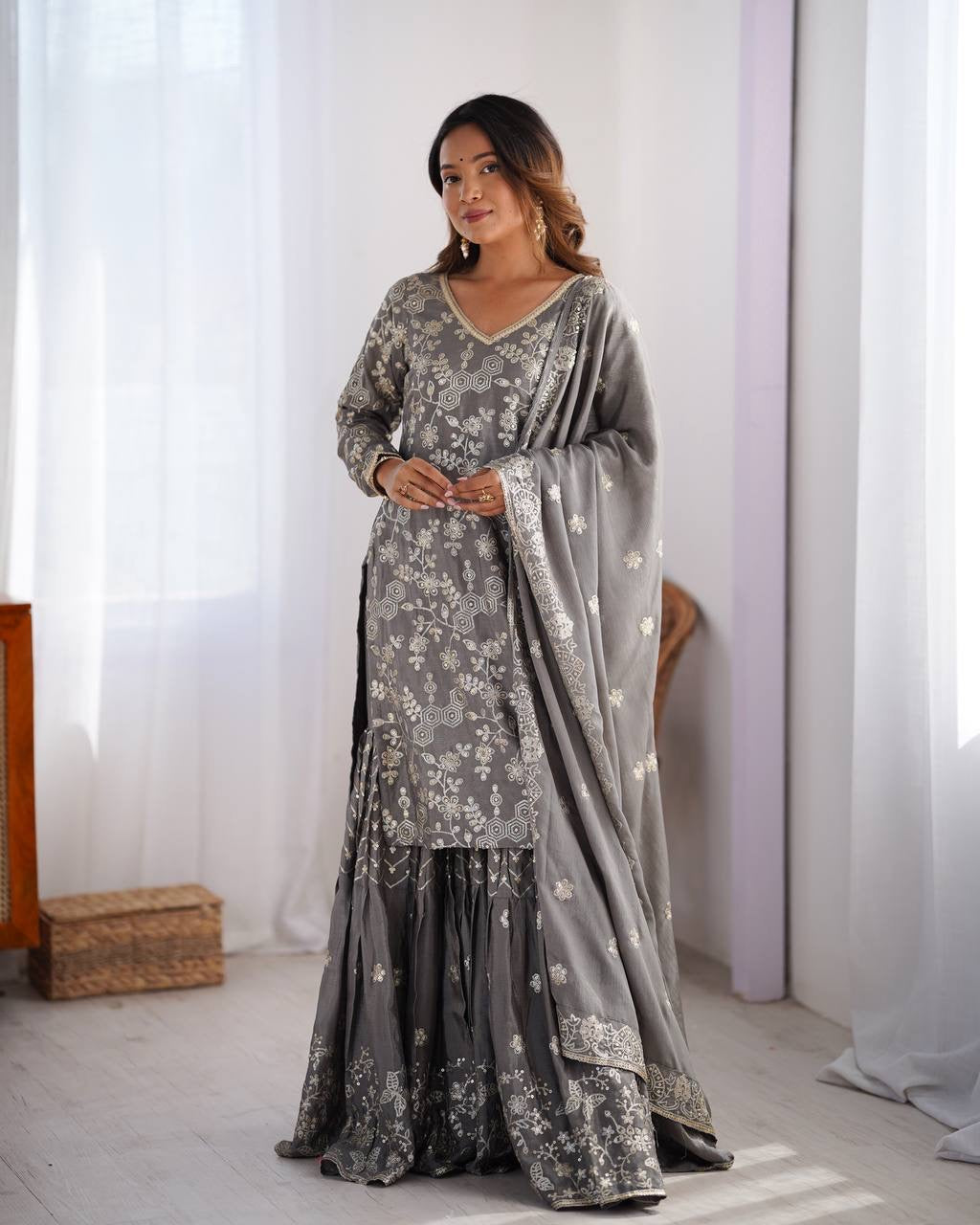 Grey Color Designer Chinon Silk Sharara Set