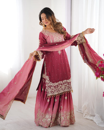 Solid Pink Color Wedding Wear Chinon Silk Plazzo Dress