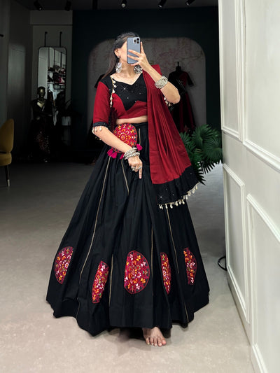 Navratri Special Black Cotton Lehenga Set With Gamthi & Mirror Work