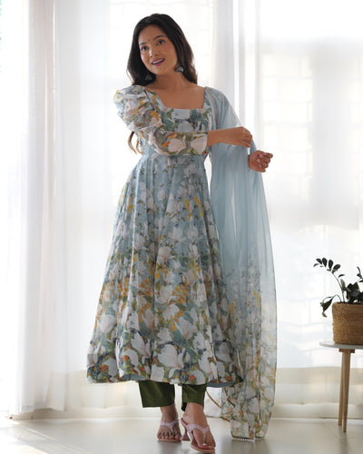 Floral Print Pure Organza Silk Anarkali Set with Dupatta and Ready-to-Wear Pant