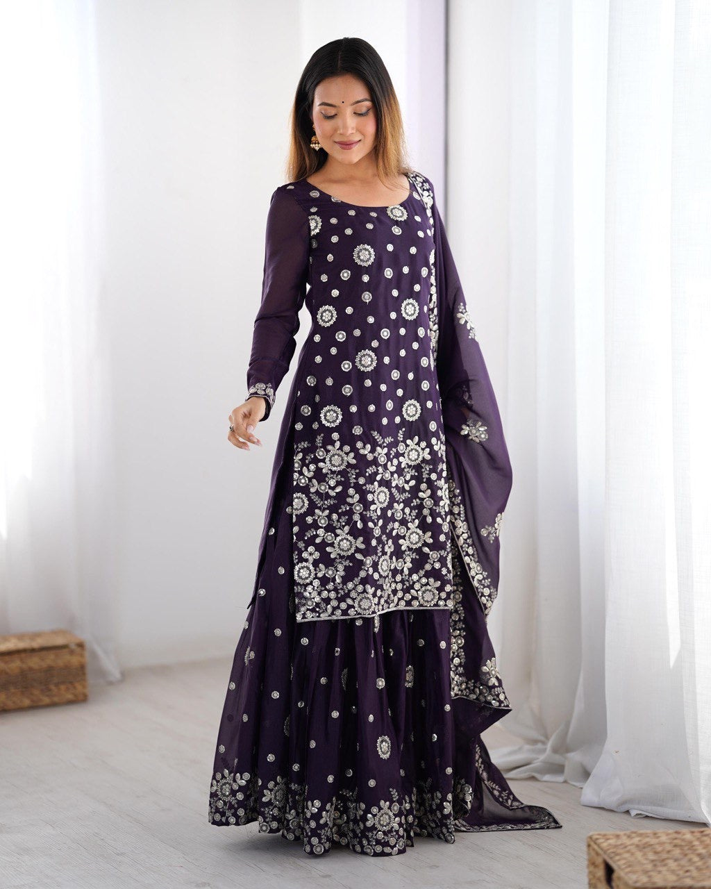 PURPLE PARTYWEAR SHARARA SUIT WITH DUPATTA