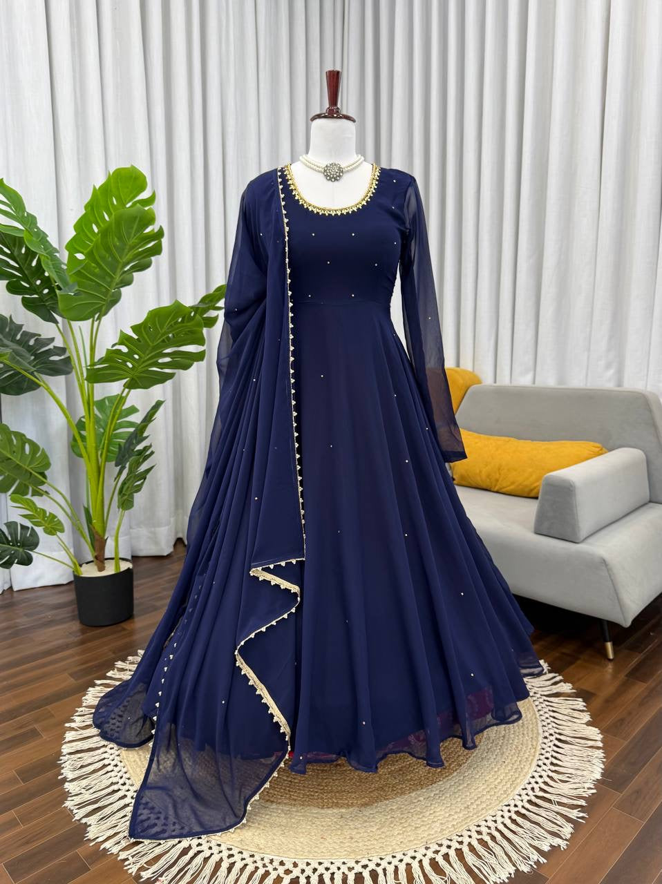 Navy Blue Moti Embroidered Anarkali Suit