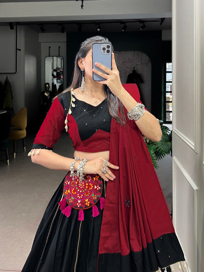 Navratri Special Black Cotton Lehenga Set With Gamthi & Mirror Work