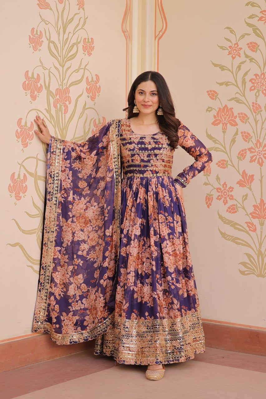 English Russian Silk Gown With Printed Dupatta