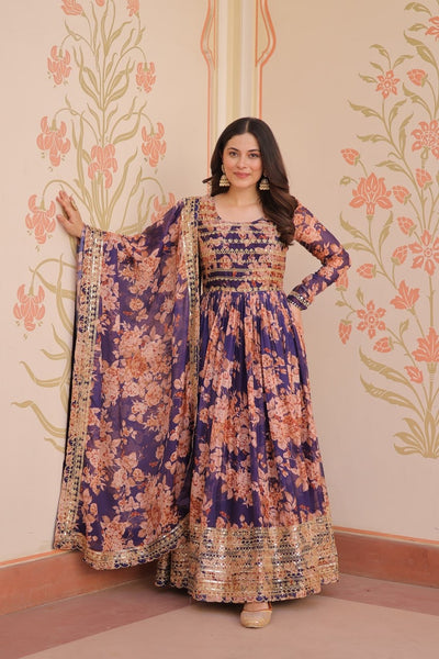 English Russian Silk Gown With Printed Dupatta
