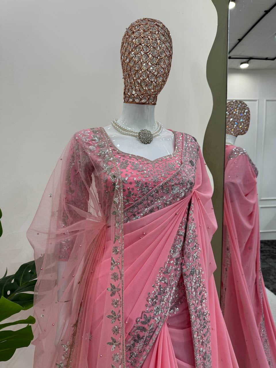 Pink Embroidery Saree With Silver Accents