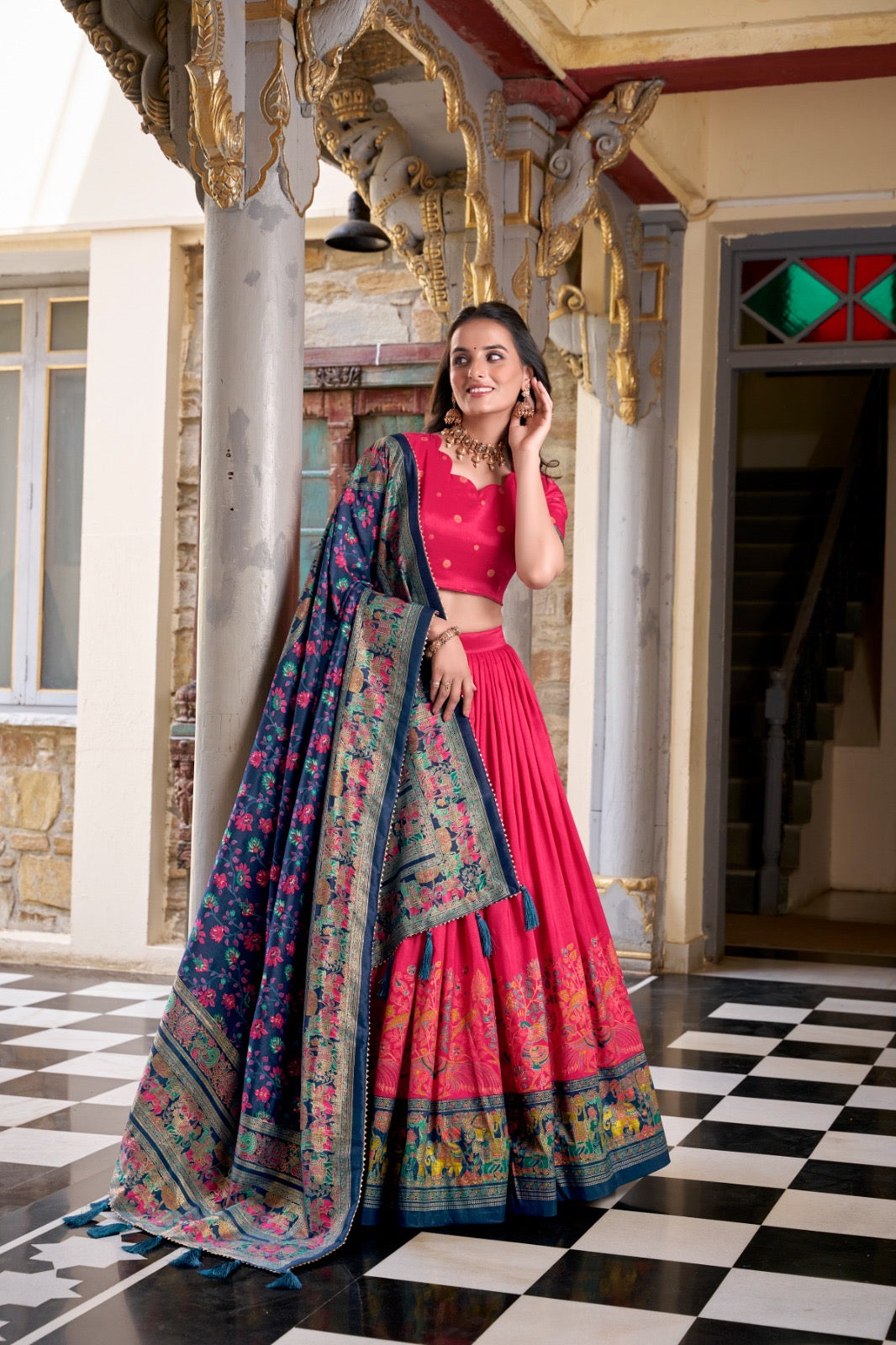 Pink Color Tissue Silk Lehenga With Printed Dupatta