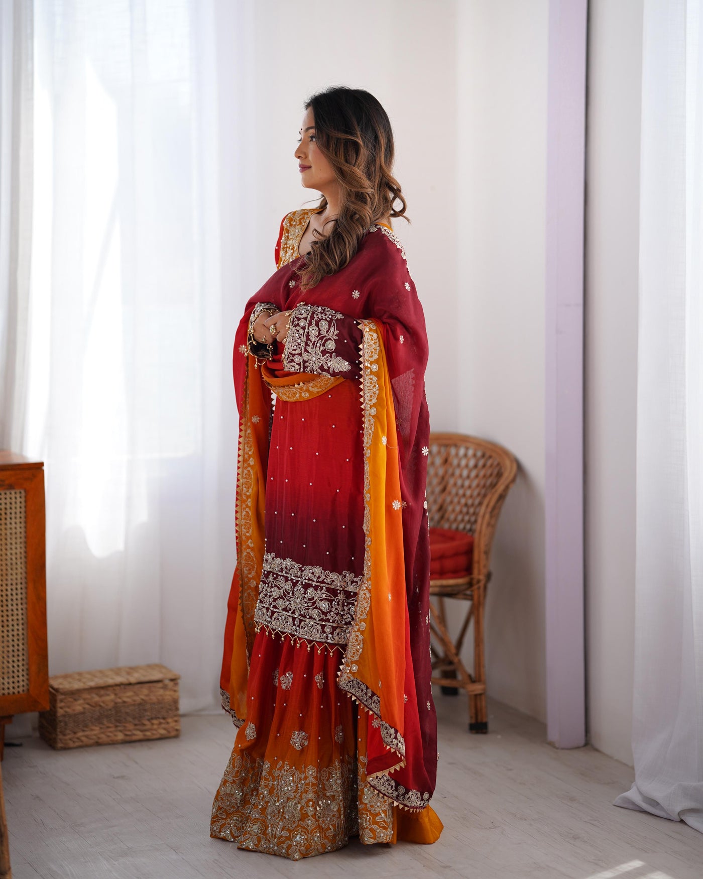 Red Wine Color Wedding Wear Chinon Silk Plazzo Dress