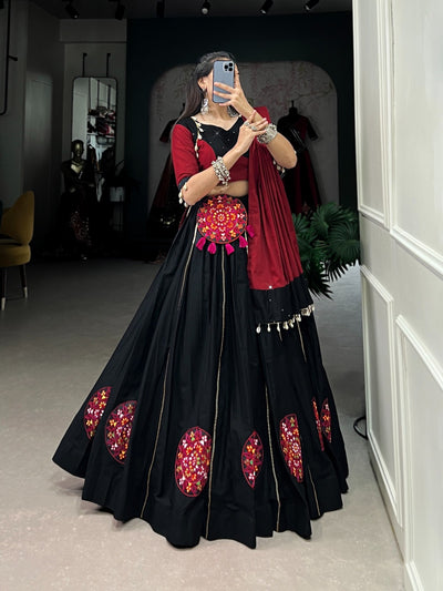 Navratri Special Black Cotton Lehenga Set With Gamthi & Mirror Work