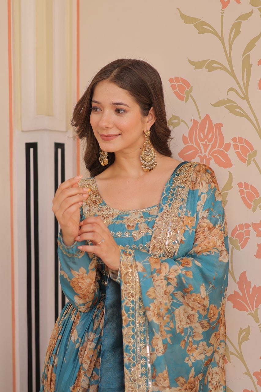 English Russian Silk Gown With Printed Dupatta