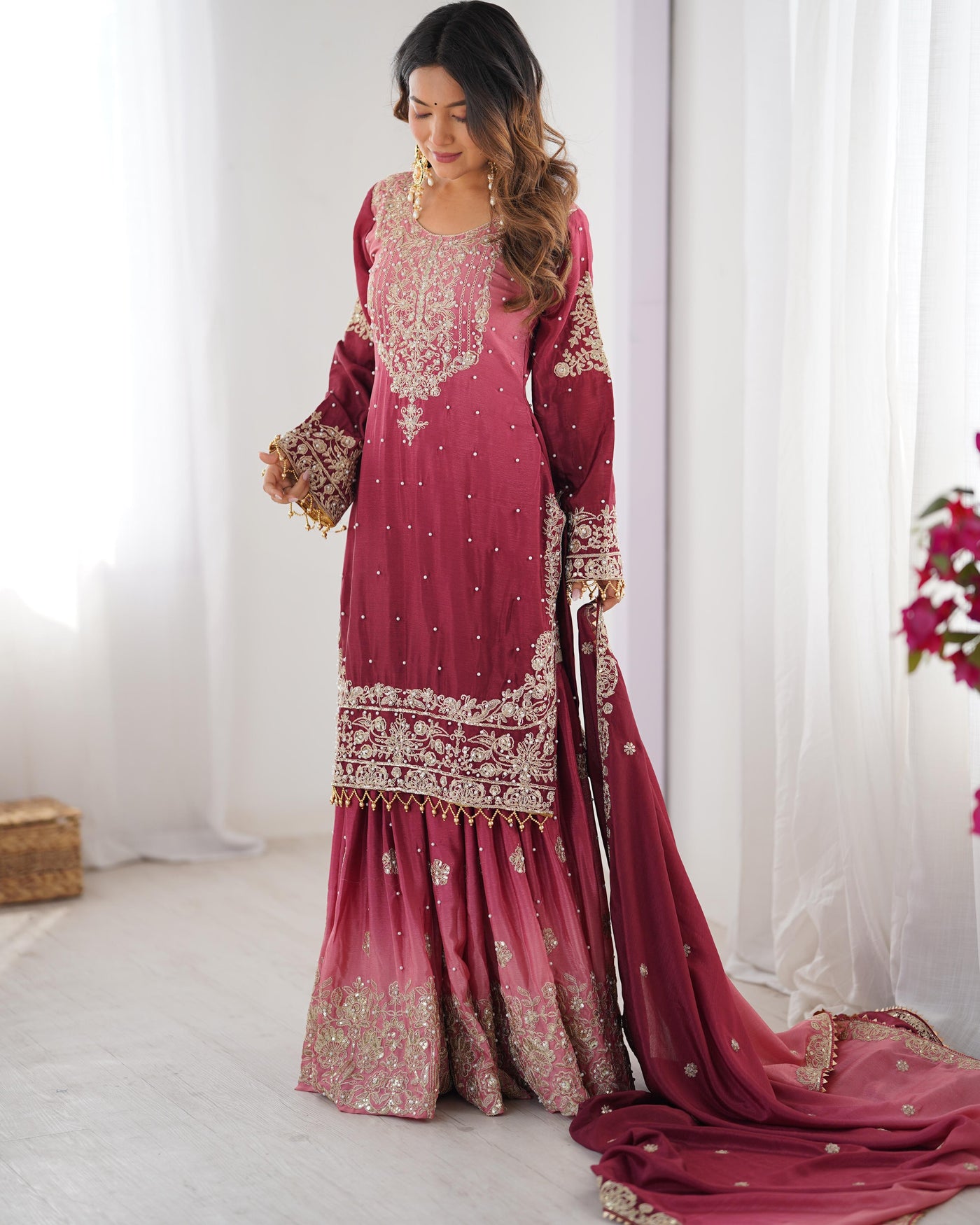 Solid Pink Color Wedding Wear Chinon Silk Plazzo Dress
