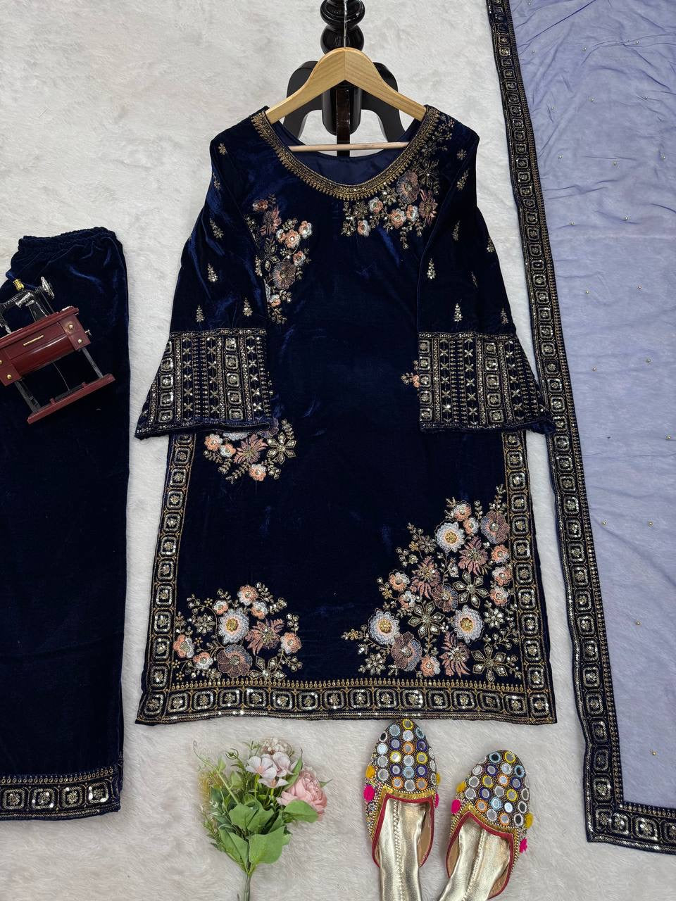 Royal Blue Velvet Kurti With Intricate Gold And Peach Embroidery
