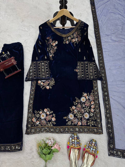 Royal Blue Velvet Kurti With Intricate Gold And Peach Embroidery