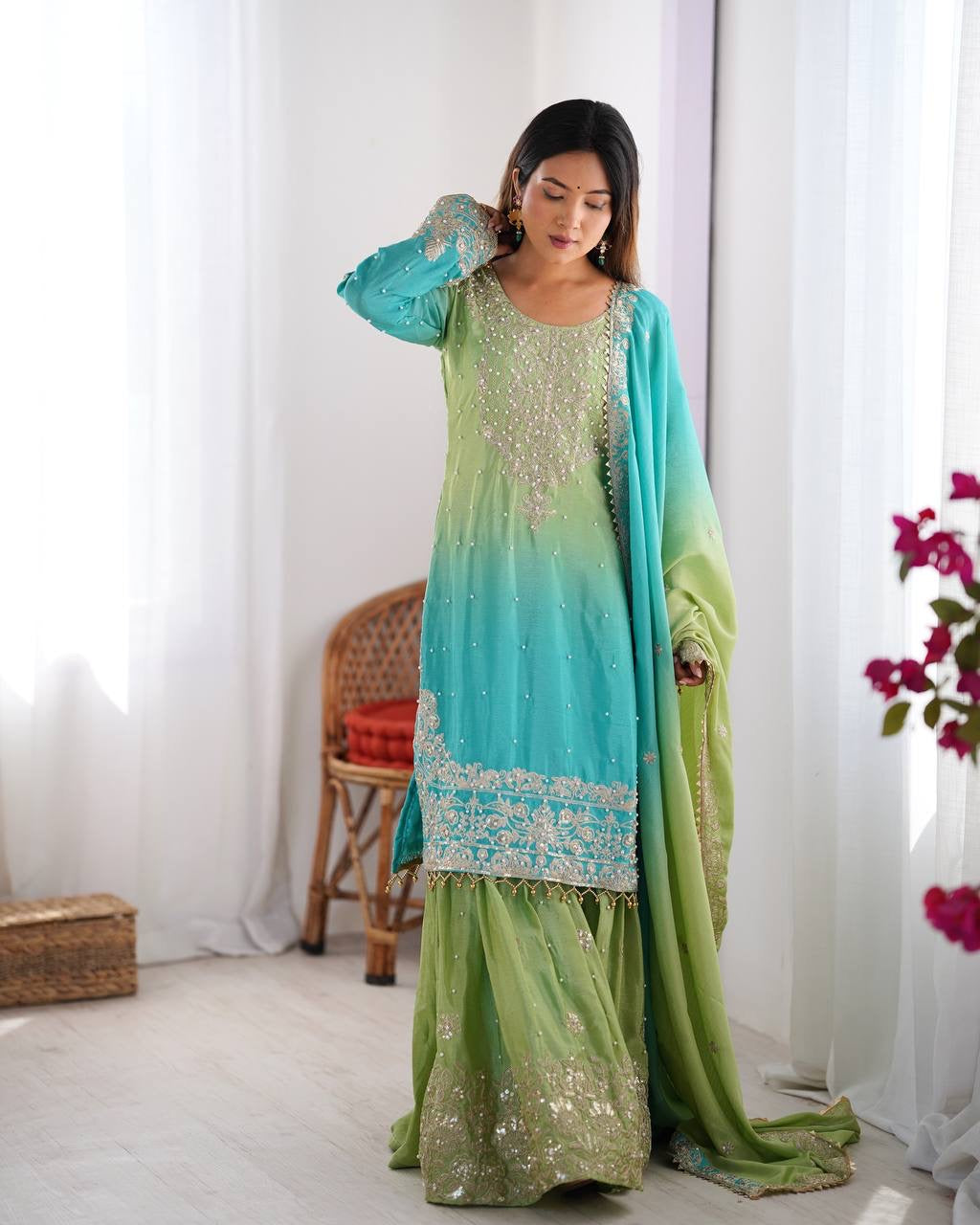GREEN WITH SKY COLOR WEDDING WEAR CHINON SILK PLAZZO DRESS