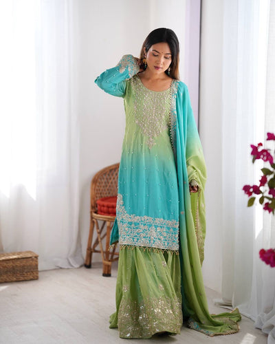 GREEN WITH SKY COLOR WEDDING WEAR CHINON SILK PLAZZO DRESS