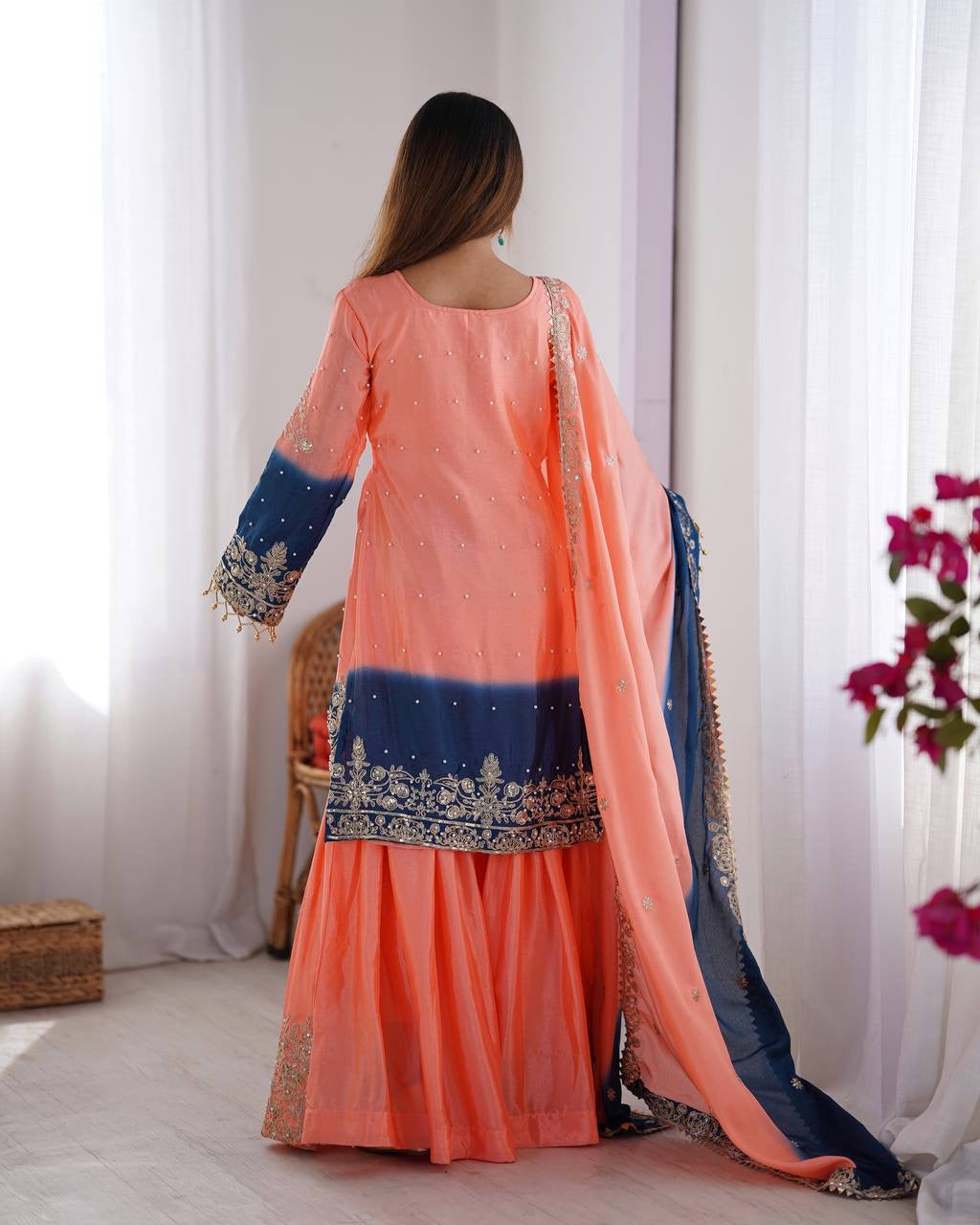 LIGHT PINK WITH BLUE WEDDING WEAR CHINON SILK PLAZZO DRESS