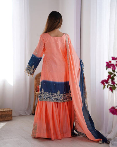 LIGHT PINK WITH BLUE WEDDING WEAR CHINON SILK PLAZZO DRESS