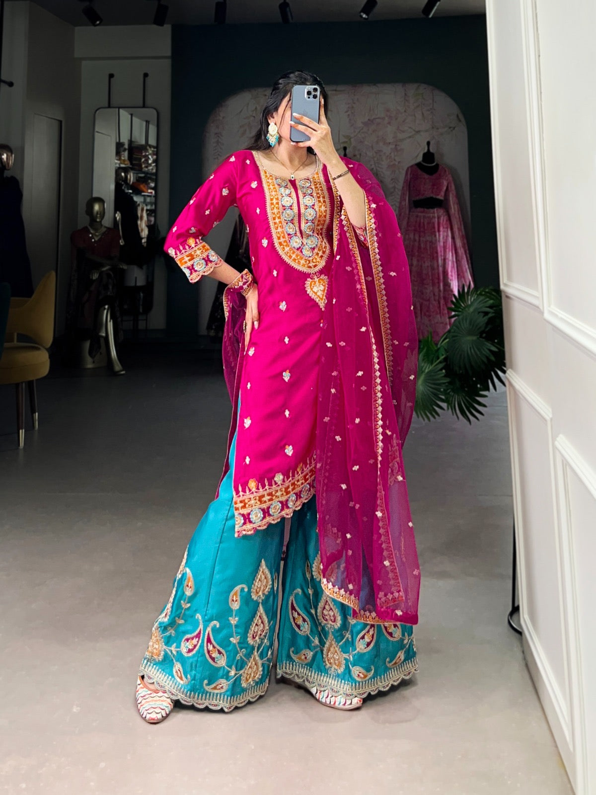 Pink Moonga Silk Dress Set With Embroidery Dupatta