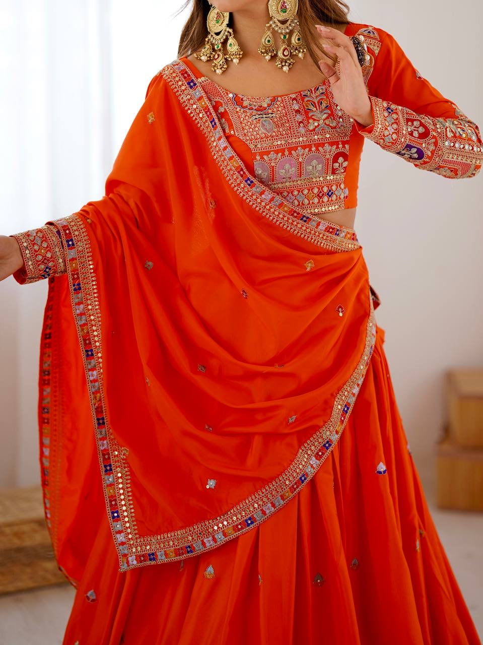 ORANGE WEDDING LEHENGA WITH CHOLI AND DUPATTA