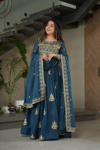 Green Teal Color Chinon Gown With Embroidery Dupatta
