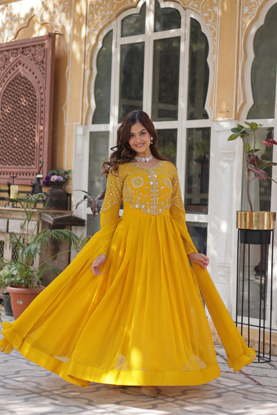Yellow Ethnic Georgette Gown With Fancy Dupatta