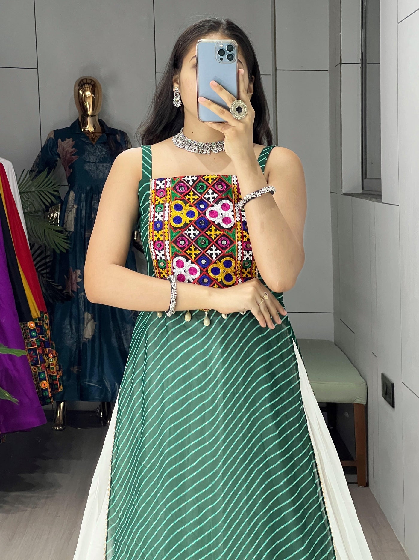 Green Color Georgette Leheriya Printed Kurti With Traditional Lehenga