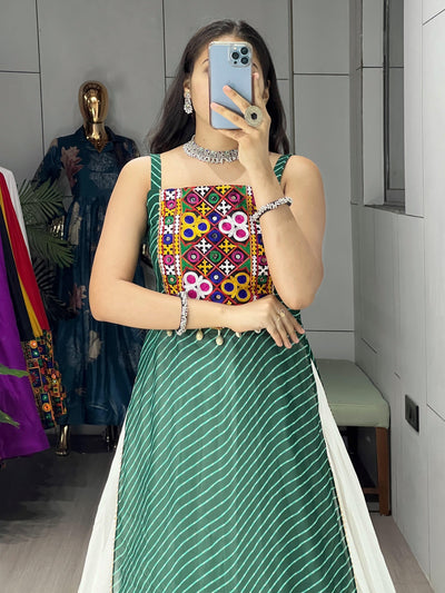 Green Color Georgette Leheriya Printed Kurti With Traditional Lehenga