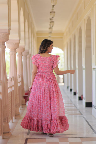 Pink Color Floral Print Flaired Gown