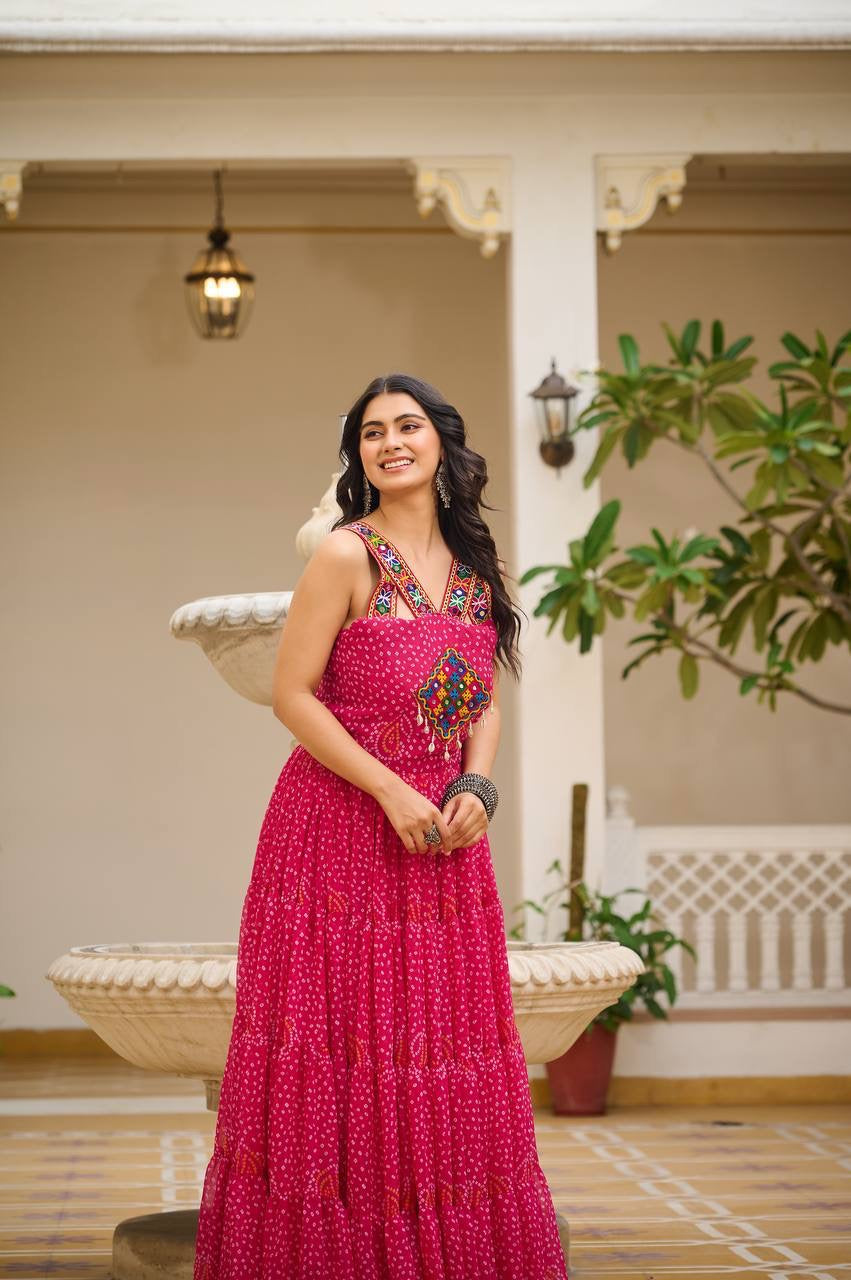 Pink Navratri Bandhani Print Gown