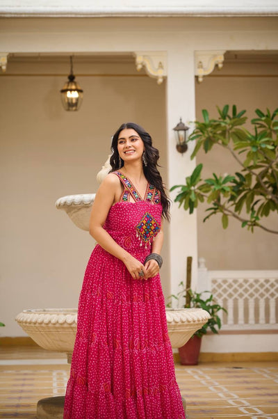 Pink Navratri Bandhani Print Gown