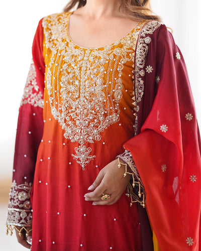 Red Wine Color Wedding Wear Chinon Silk Plazzo Dress