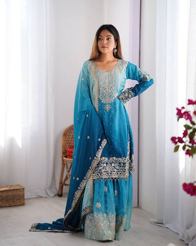 BLUE WEDDING WEAR CHINON SILK PLAZZO DRESS
