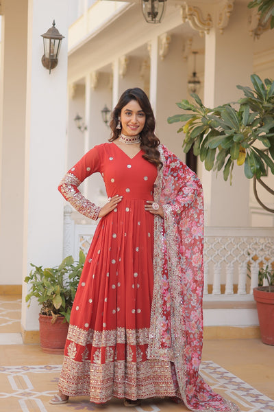 Rust Color Heavy Embroidery Gown With Printed Dupatta