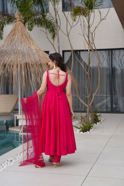 Pink Color Roman Silk Anarkali With Nylon Net Dupatta
