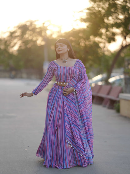 Colorful Printed Georgette Lehenga Set with Kaudi Border & Matching Dupatta