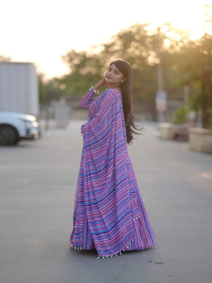 Colorful Printed Georgette Lehenga Set with Kaudi Border & Matching Dupatta