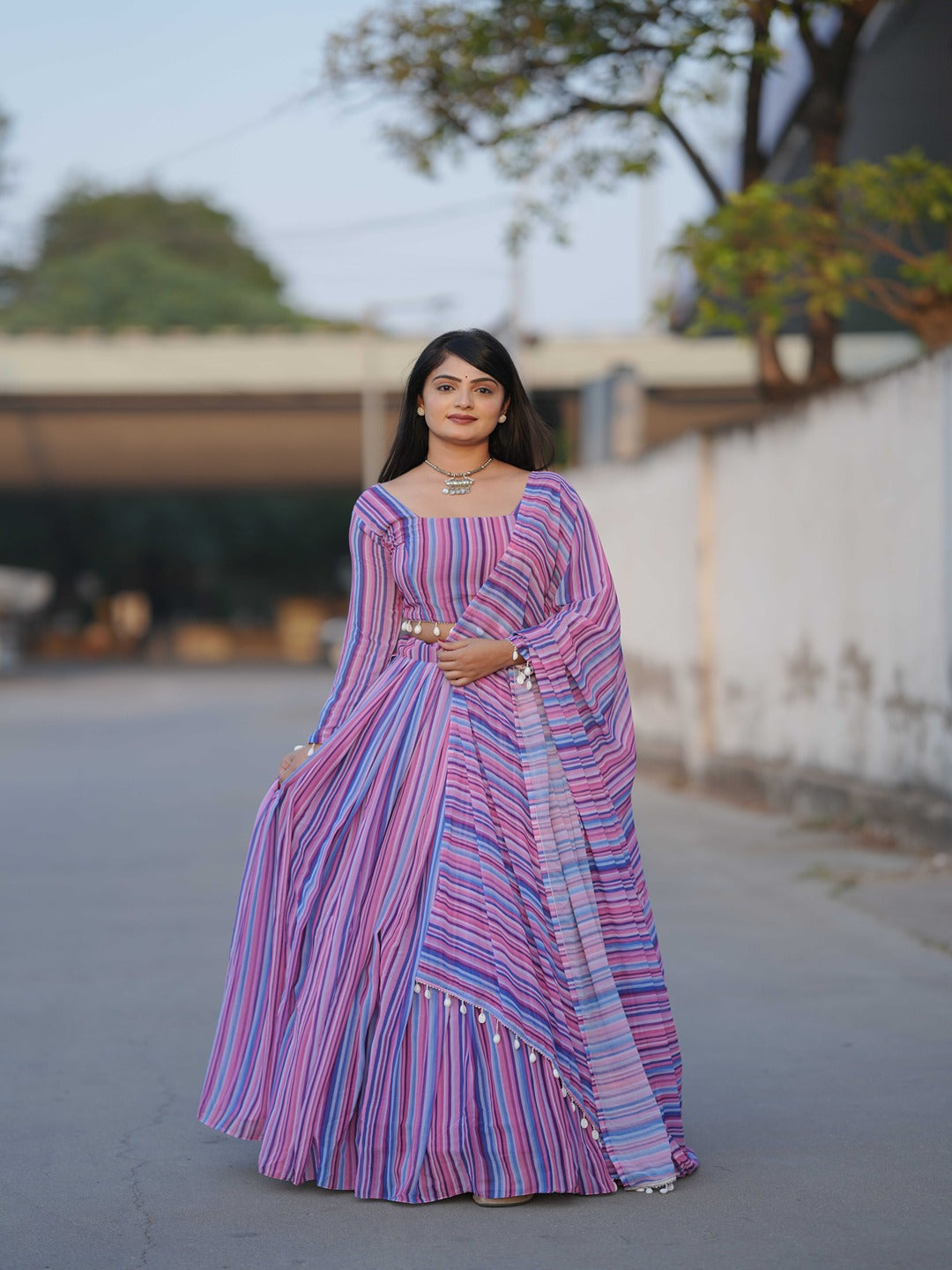 Colorful Printed Georgette Lehenga Set with Kaudi Border & Matching Dupatta