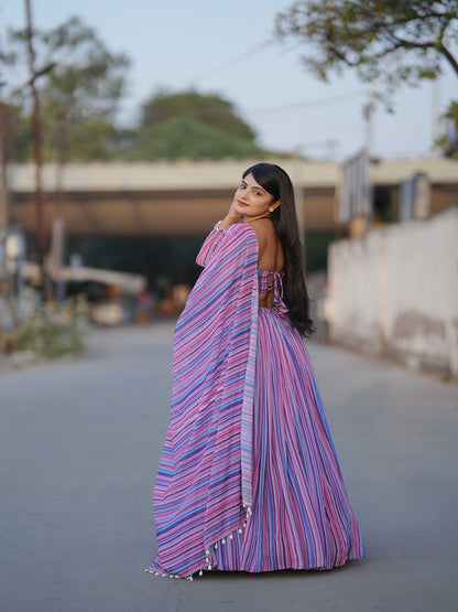 Colorful Printed Georgette Lehenga Set with Kaudi Border & Matching Dupatta