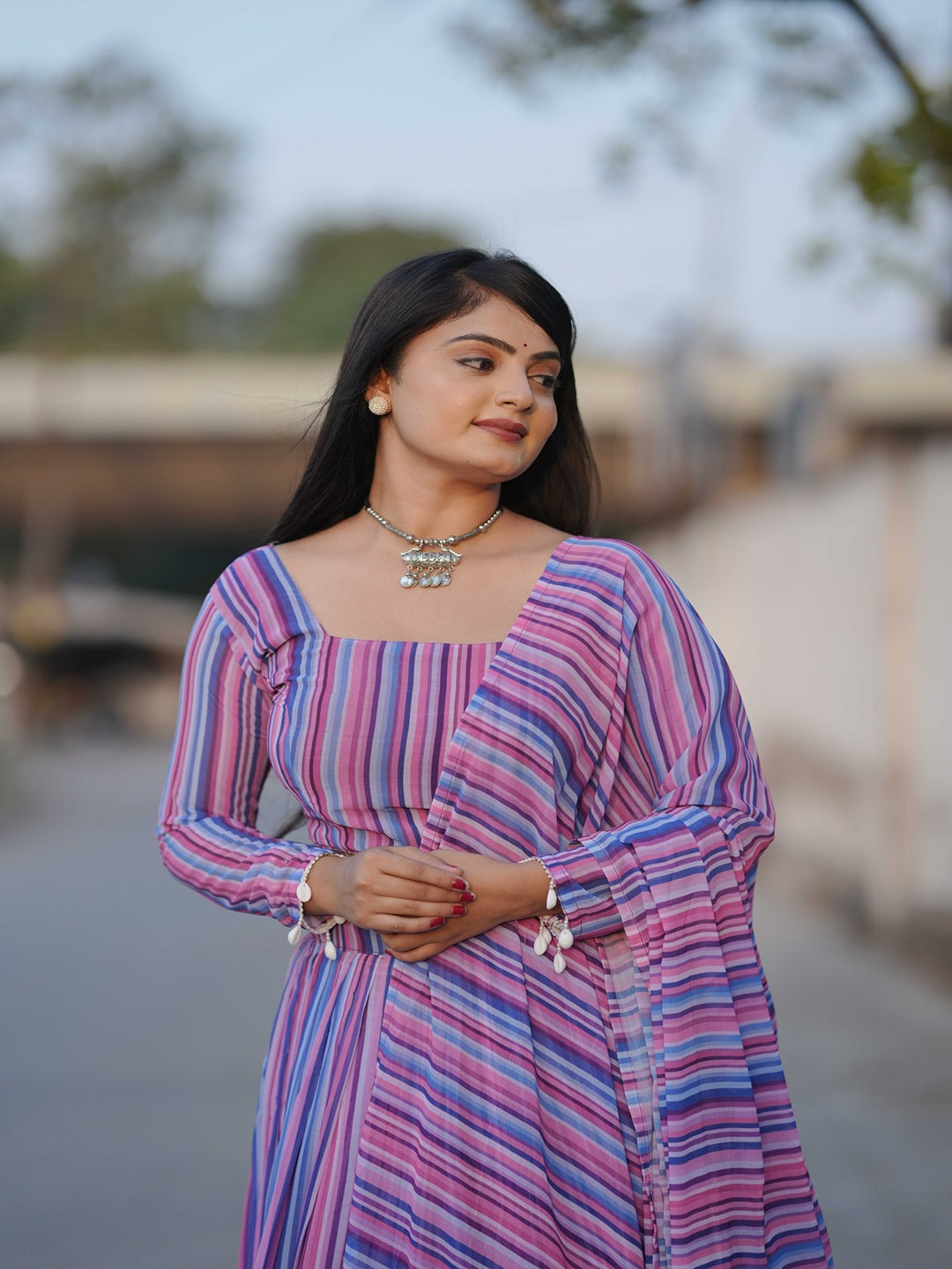 Colorful Printed Georgette Lehenga Set with Kaudi Border & Matching Dupatta