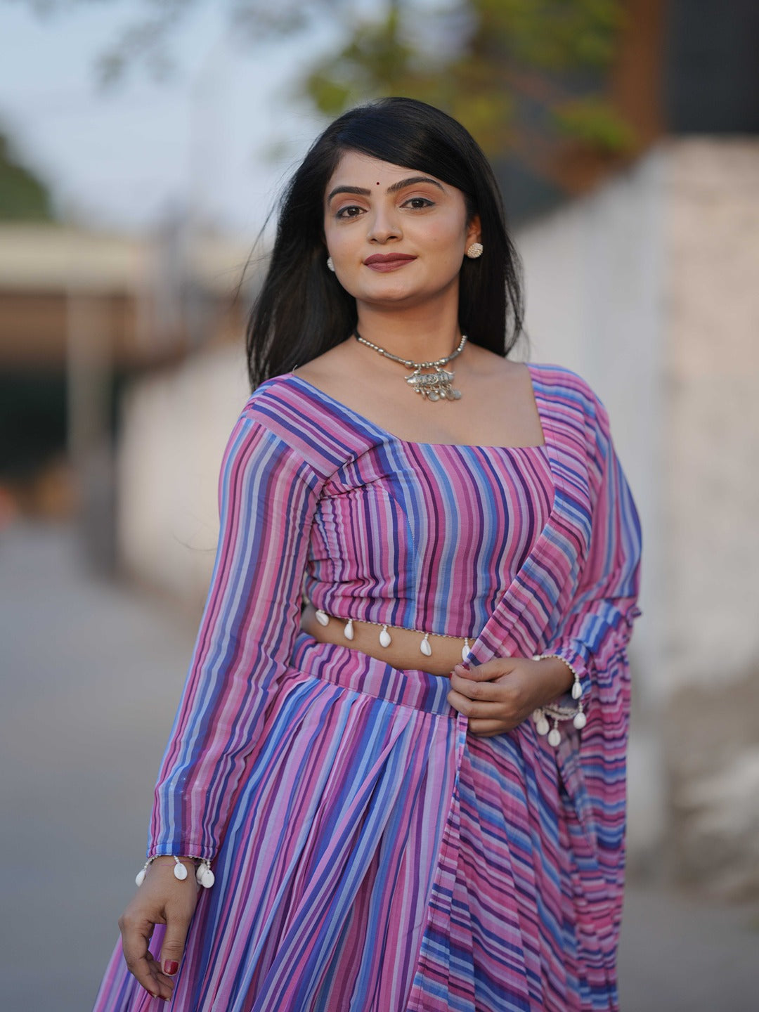 Colorful Printed Georgette Lehenga Set with Kaudi Border & Matching Dupatta